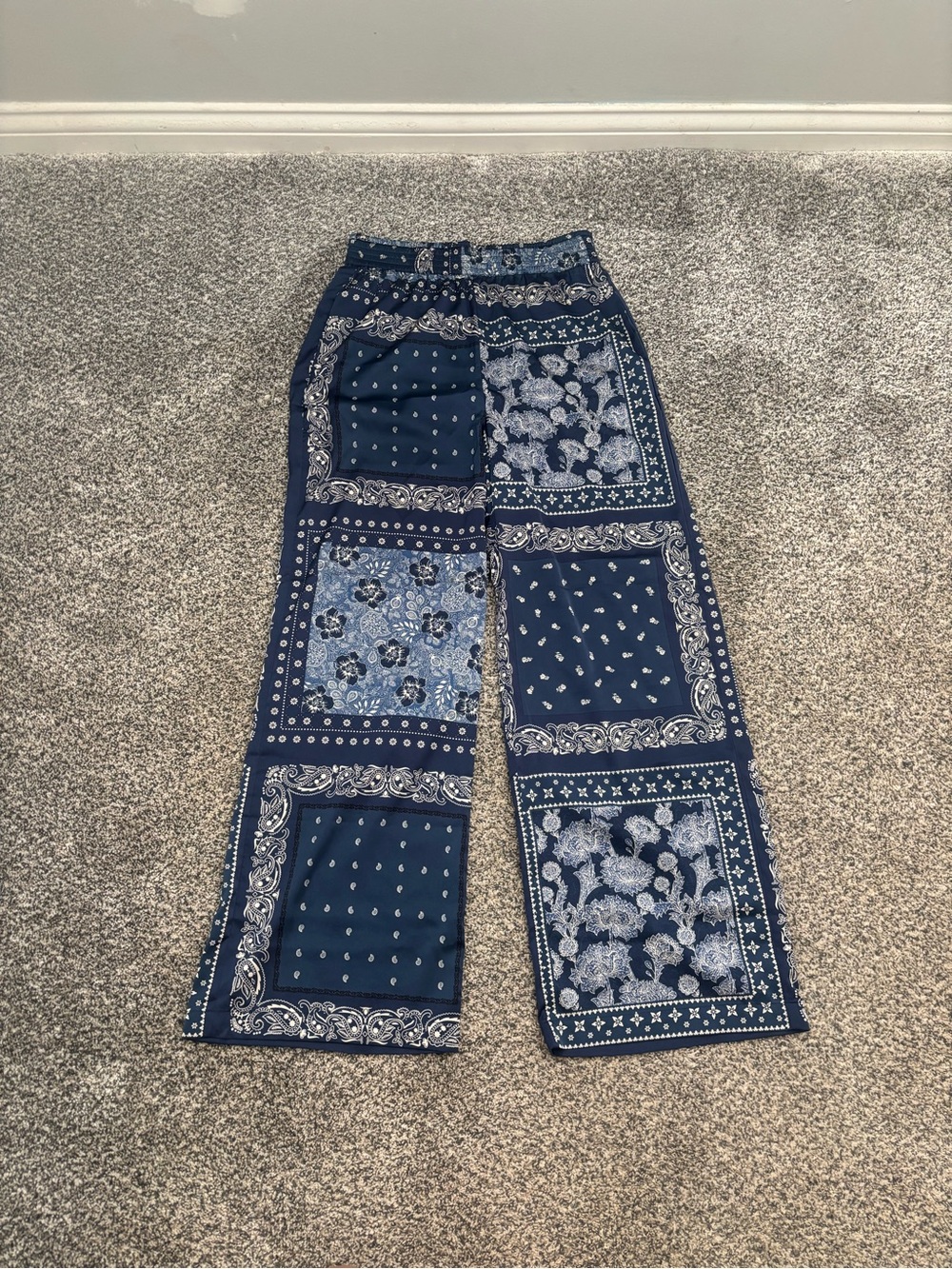 Joie Navy Blue Patchwork Silk Bandana Print Pants